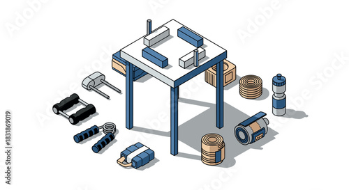 Isometric gym equipment set with dumbbells, resistance bands, and jump ropes