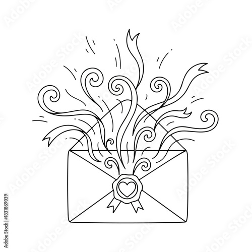 A romantic doodle line art illustration of an envelope with swirling lines and ribbons emerging from it, on a white background.