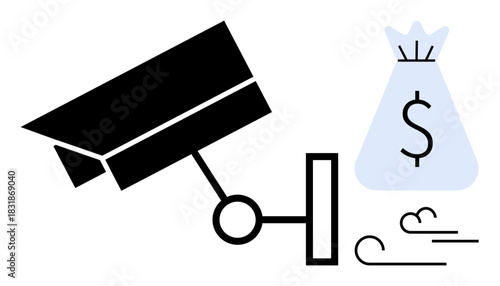 Security camera aimed at a money bag representing monitoring, surveillance, crime prevention, and financial security. Ideal for concepts thumbs up safety, banking, fraud, law enforcement