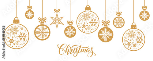 Elegant Christmas background with hanging gold baubles and star ornaments filled with snowflakes on white, minimalist winter holiday greeting card or web banner design for seasonal celebrations and de