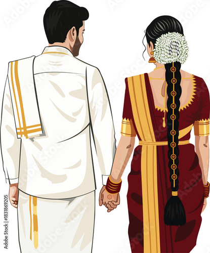 South Indian Wedding Couple Holding Hands Backside view 