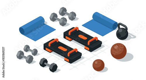 Isometric gym equipment set with dumbbells, yoga mats, steps, and kettlebell on white background