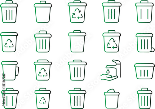 Outline icons illustrating various trash cans, recycle bins with universal symbols, and a hand washing faucet, representing waste management, eco-friendliness, and hygiene practices.
