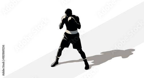 Dynamic boxing silhouette: black and white minimalist design with shadow effect