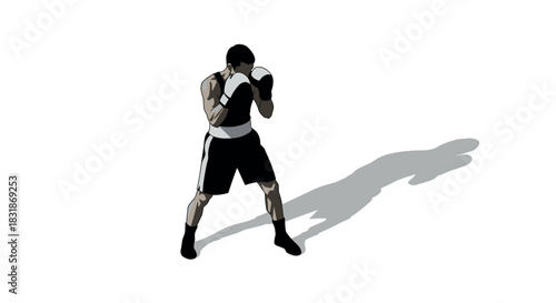Dynamic boxer in fighting stance with shadow on white background
