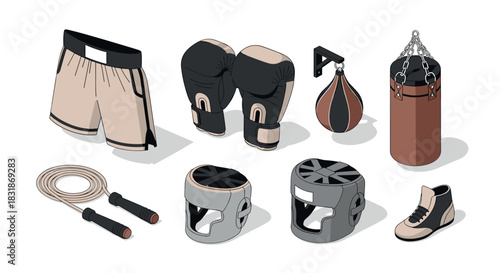 Essential boxing equipment collection in modern isometric design