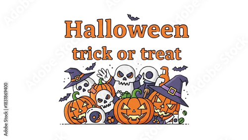 Halloween trick or treat illustration with pumpkins and ghosts