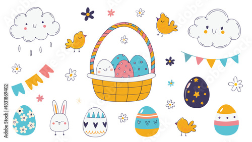 Whimsical hand drawn easter collection with cute basket of eggs smiling chicks bunny clouds flowers and festive bunting flags on a white background