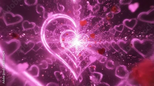 Abstract tunnel of glowing pink neon hearts creating a romantic and energetic vortex effect for valentines day celebration