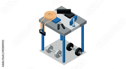 Home fitness equipment in isometric style: dumbbells, resistance bands, grippers on table