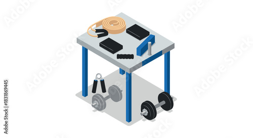 Isometric gym equipment table with dumbbells and resistance bands