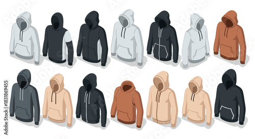 Stylish hoodie collection in isometric view featuring various colors and designs