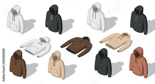 Isometric hoodies set: stylish outerwear in various colors and perspectives