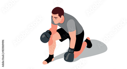 Isometric boxer kneeling in resting pose with shadow on white background