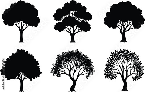 Tree silhouette vector, diverse canopy shapes, foliage density illustration, natural element graphic, CAD streetwear flat vector illustration