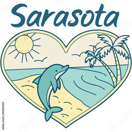 Sarasota Beach Scene in Heart Frame – Dolphin and Palm Poster