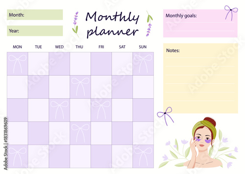 Monthly planner with calendar grid, goals and notes area. Vector for long-term planning, productivity systems, digital planners, printable calendars, personal organization