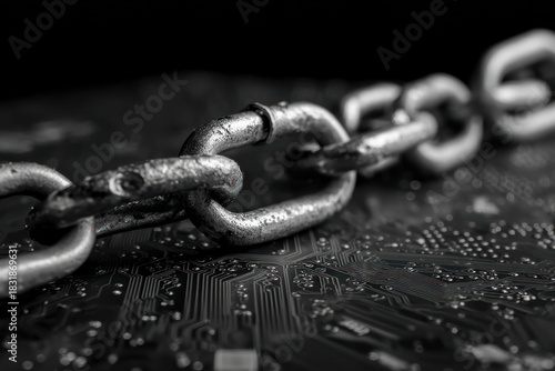 Metal chain links resting on a dark electronic circuit board surface.