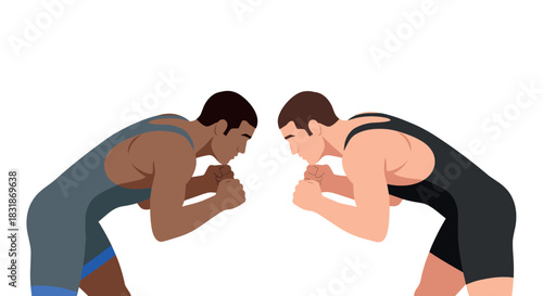 Two wrestlers in action: dynamic flat style illustration of a wrestling match