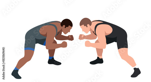 Dynamic wrestling stance: two athletes in competition pose with gradient style