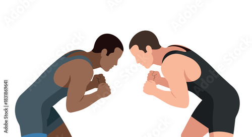Two wrestlers face off in competitive stance on a white background