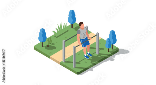 Isometric fitness park with athlete exercising on parallel bars in urban garden