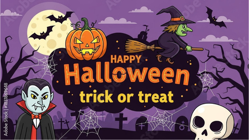 Halloween Fun Spooky Night Scene with Vampire, Witch and Pumpkin