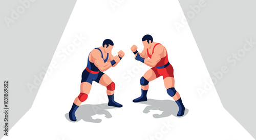 Dynamic wrestlers face-off in a dramatic showdown on white background