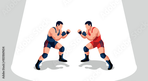 Dynamic wrestling match between two opponents in red and blue outfits