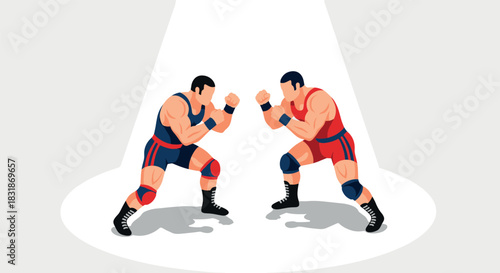 Dynamic wrestlers in action under spotlight illustration