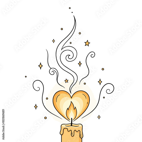Digital illustration of a romantic doodle line art heart-shaped candle flame with swirling smoke and stars on a white background.