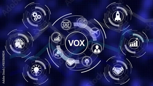 Digital network diagram with VOX in the center and various business icons in a circular arrangement on a dark blue grid background
