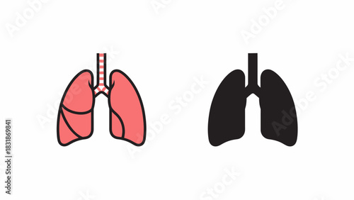 Two illustrations of human lungs, one a detailed color diagram and the other a simple black silhouette, isolated on a white background.