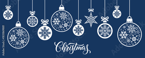 Festive Christmas background with hanging white baubles and star ornaments decorated with snowflakes on dark blue, elegant winter holiday greeting card or web banner design for seasonal celebrations