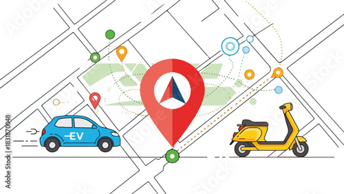 Electric vehicle and scooter on map with location pin marker