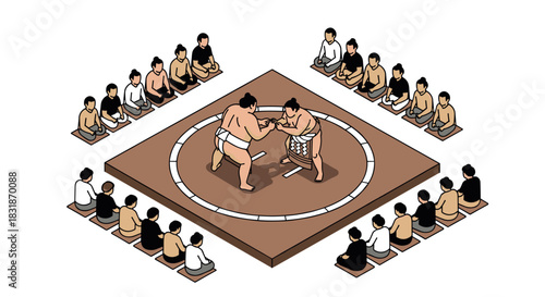 Isometric sumo wrestling match with audience observing traditional japanese ceremony