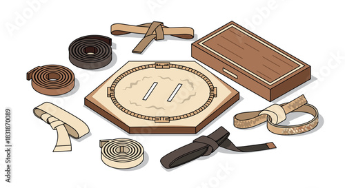 Isometric martial arts equipment: belts and traditional gear in neutral tones