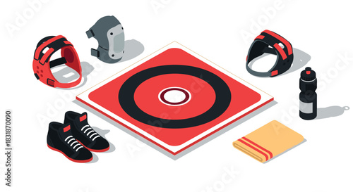 Isometric martial arts gear set with red and black protective equipment on white background