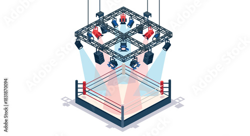 Isometric boxing ring with overhead lighting and shadows in 3d