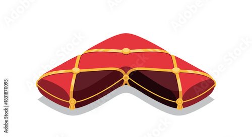 Luxurious red royal pillow with golden tassels and accents on white background