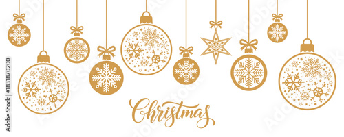 Elegant Christmas background with hanging gold baubles and star ornaments filled with snowflakes on white, minimalist winter holiday greeting card or web banner design for seasonal celebrations and de