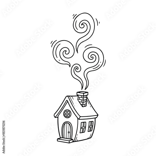 A romantic doodle line art illustration of a house with swirling smoke coming out of the chimney on a white background.