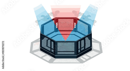 Octagonal mma cage with spotlight and colorful lighting effects