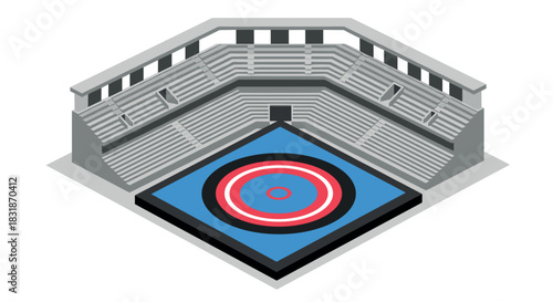 Isometric indoor wrestling arena with spectator seats and circular mat