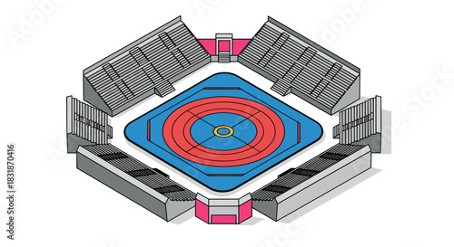 Isometric sports arena with wrestling ring and seating sections