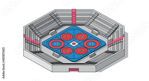 Isometric arena with decagon design featuring seating and central targets