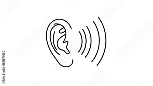 Illustration of an ear with sound waves, in black and white drawing style. Concept for audiology, deafness and listening