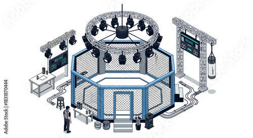 Isometric mma fight arena with octagon ring and equipment
