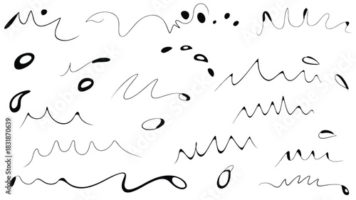 Abstract black and white organic shapes and wavy lines scattered on a clean white background