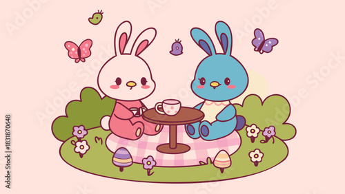 Two cute cartoon bunnies having a picnic together on a checkered blanket with tea and easter eggs surrounded by flowers and butterflies in a whimsical illustration
